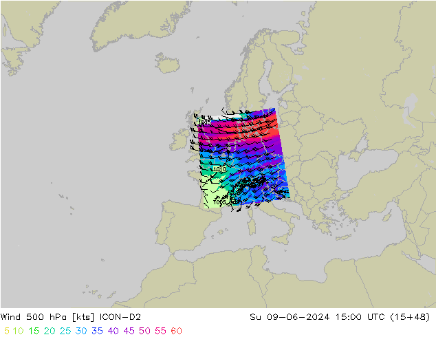 Wind 500 hPa ICON-D2 Su 09.06.2024 15 UTC