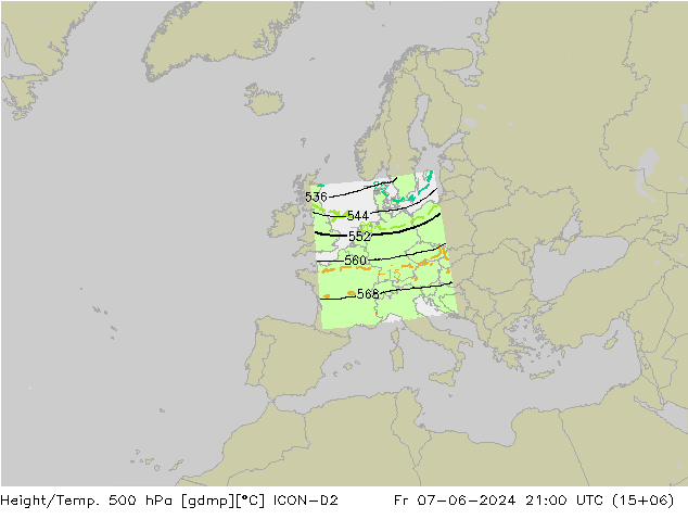 Height/Temp. 500 hPa ICON-D2 ven 07.06.2024 21 UTC