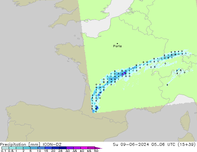 Srážky ICON-D2 Ne 09.06.2024 06 UTC