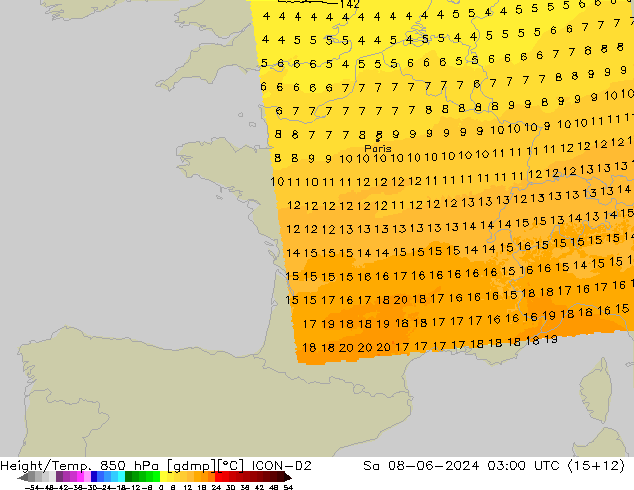 Yükseklik/Sıc. 850 hPa ICON-D2 Cts 08.06.2024 03 UTC