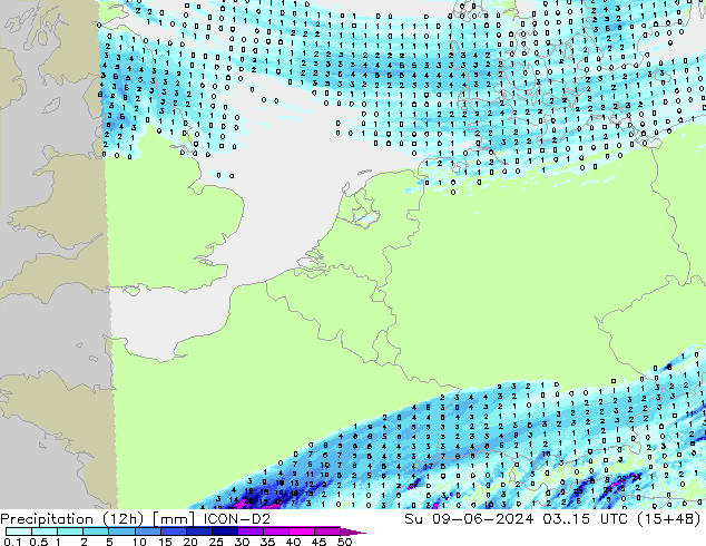 Precipitación (12h) ICON-D2 dom 09.06.2024 15 UTC