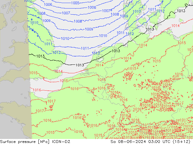 Pressione al suolo ICON-D2 sab 08.06.2024 03 UTC