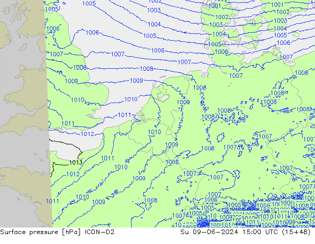 Luchtdruk (Grond) ICON-D2 zo 09.06.2024 15 UTC