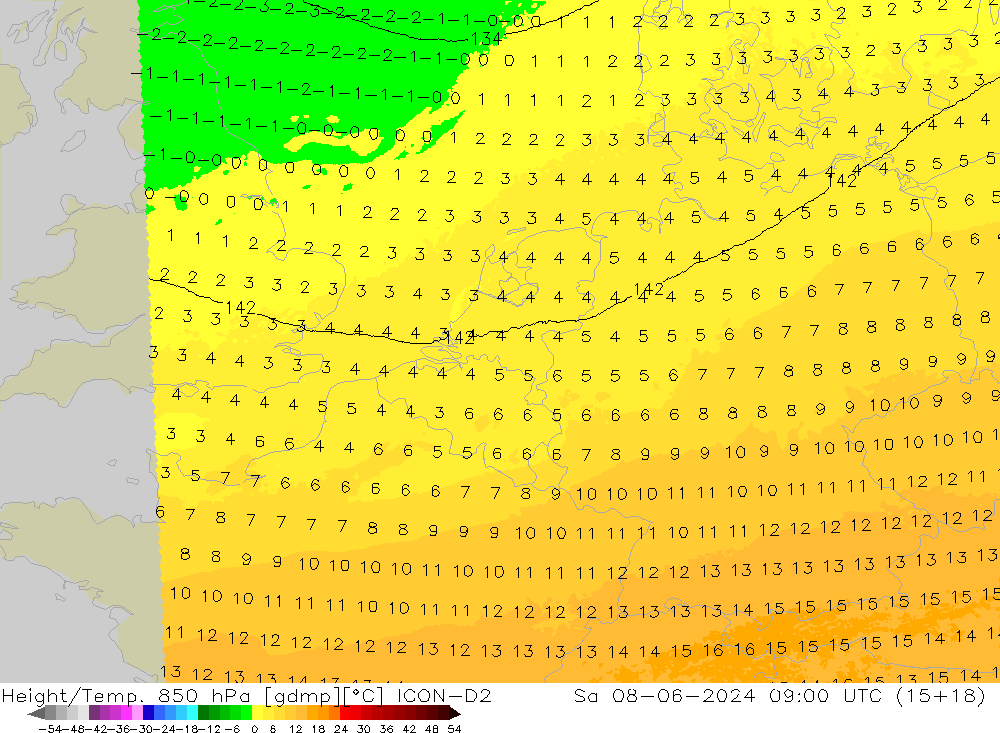 Height/Temp. 850 hPa ICON-D2 Sáb 08.06.2024 09 UTC