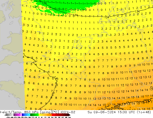 Height/Temp. 850 hPa ICON-D2 Su 09.06.2024 15 UTC