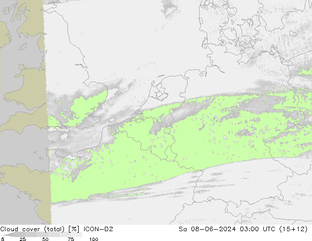 Cloud cover (total) ICON-D2 Sa 08.06.2024 03 UTC