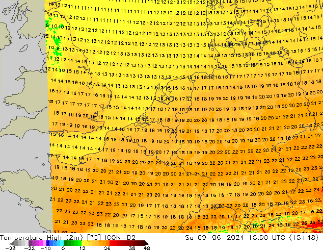 temperatura máx. (2m) ICON-D2 Dom 09.06.2024 15 UTC