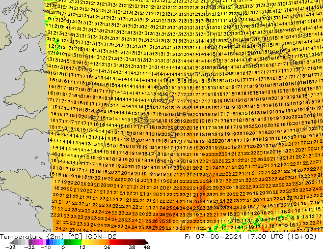 Temperaturkarte (2m) ICON-D2 Fr 07.06.2024 17 UTC