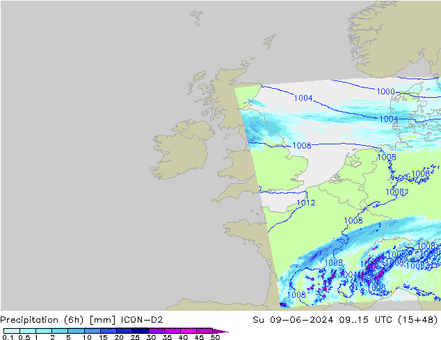 Nied. akkumuliert (6Std) ICON-D2 So 09.06.2024 15 UTC