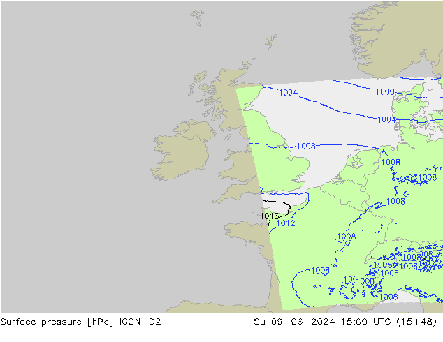 Surface pressure ICON-D2 Su 09.06.2024 15 UTC