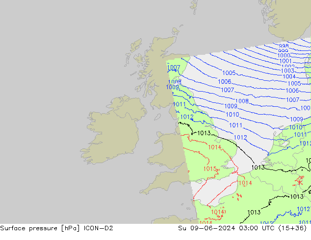 Luchtdruk (Grond) ICON-D2 zo 09.06.2024 03 UTC