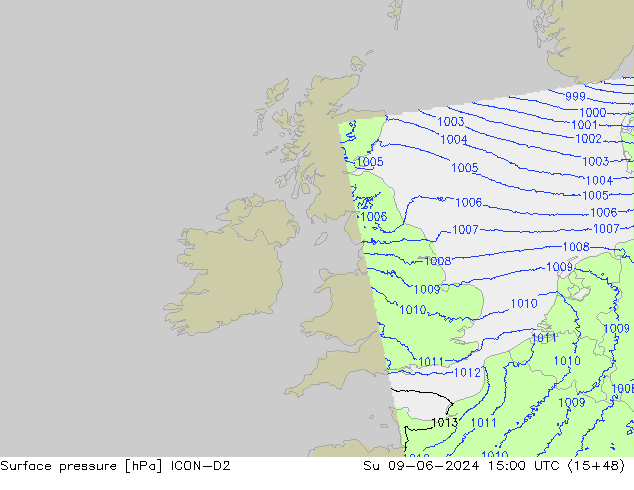 Luchtdruk (Grond) ICON-D2 zo 09.06.2024 15 UTC