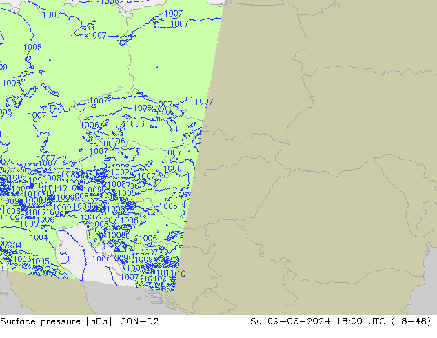 Presión superficial ICON-D2 dom 09.06.2024 18 UTC