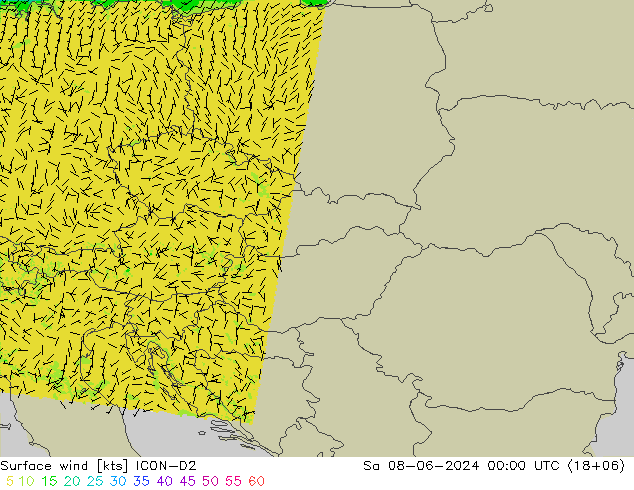 Surface wind ICON-D2 So 08.06.2024 00 UTC