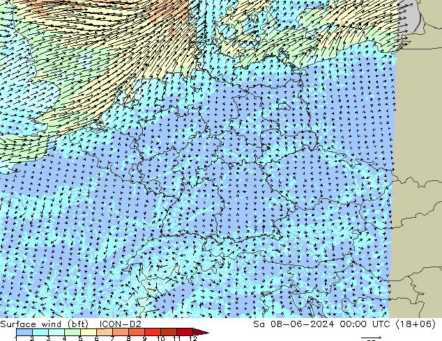 Viento 10 m (bft) ICON-D2 sáb 08.06.2024 00 UTC