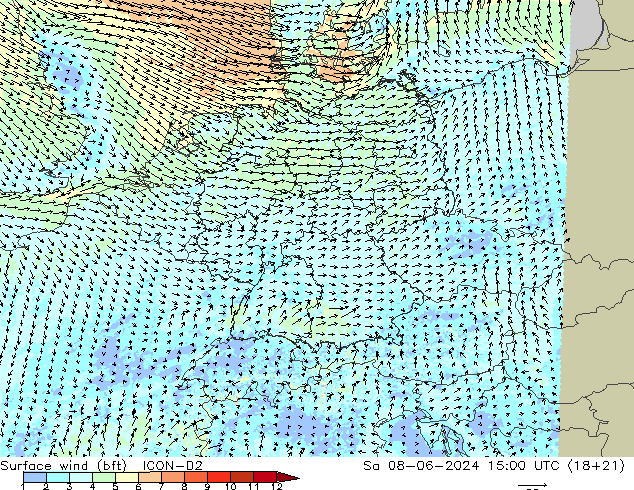 Rüzgar 10 m (bft) ICON-D2 Cts 08.06.2024 15 UTC