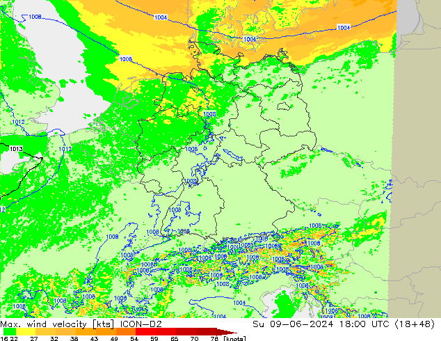 Max. wind velocity ICON-D2 Ne 09.06.2024 18 UTC