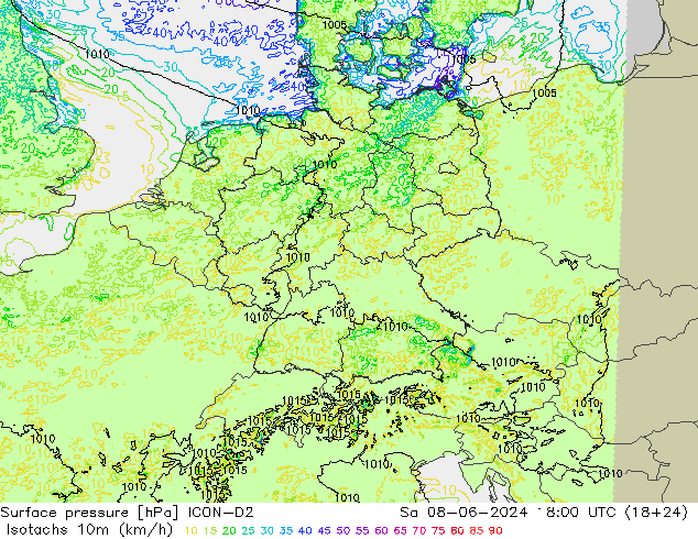 Isotachen (km/h) ICON-D2 za 08.06.2024 18 UTC