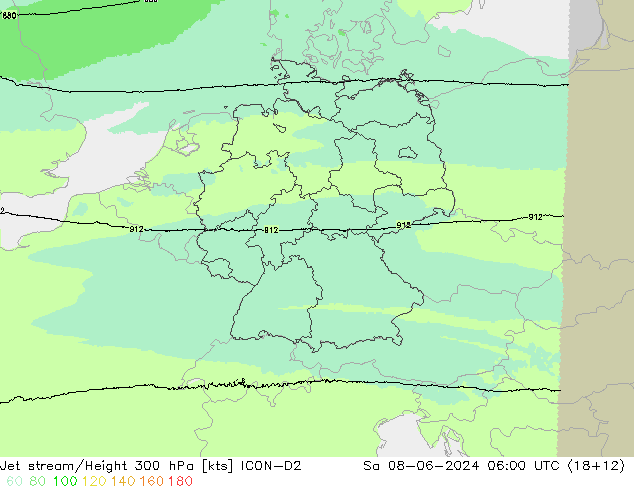 Jet stream/Height 300 hPa ICON-D2 So 08.06.2024 06 UTC