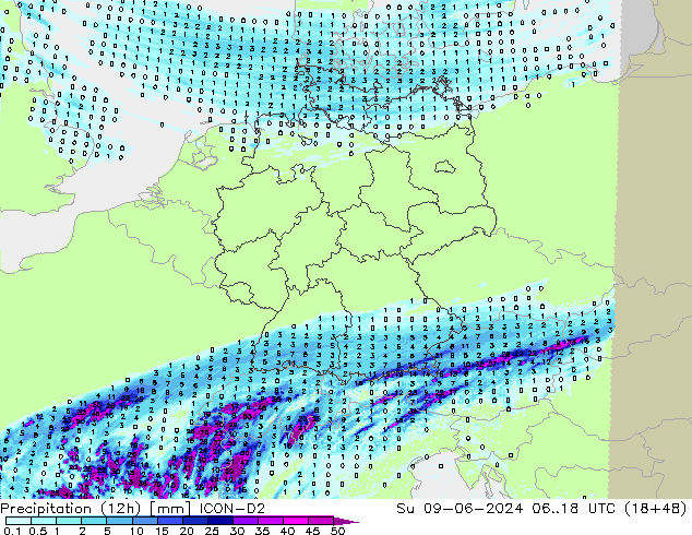 Precipitation (12h) ICON-D2 Ne 09.06.2024 18 UTC