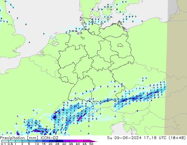 Srážky ICON-D2 Ne 09.06.2024 18 UTC