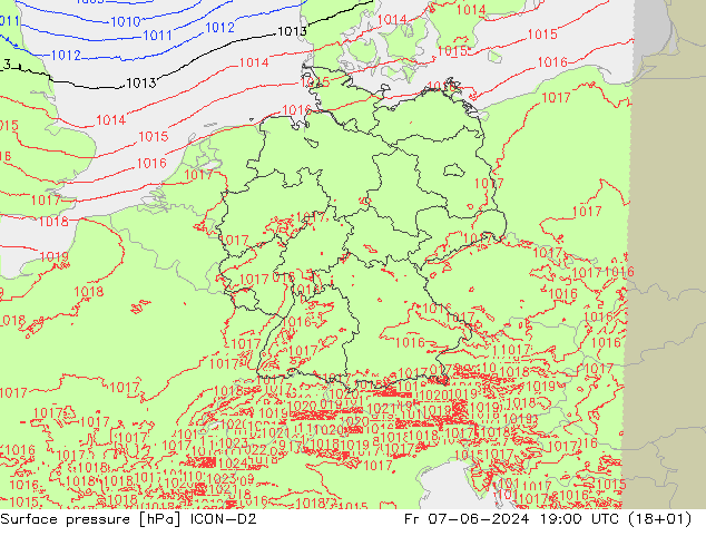 Atmosférický tlak ICON-D2 Pá 07.06.2024 19 UTC