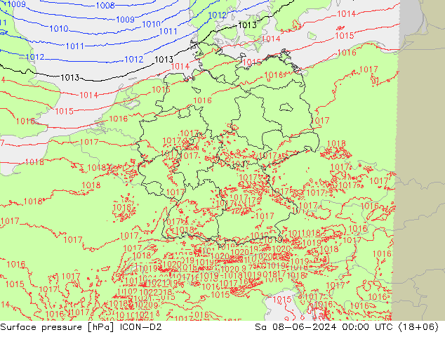 Atmosférický tlak ICON-D2 So 08.06.2024 00 UTC