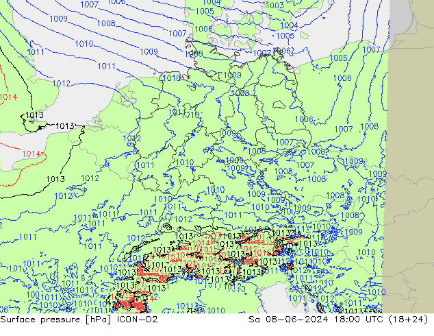 Atmosférický tlak ICON-D2 So 08.06.2024 18 UTC