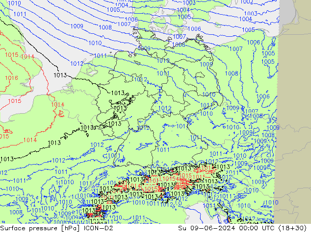 Surface pressure ICON-D2 Su 09.06.2024 00 UTC