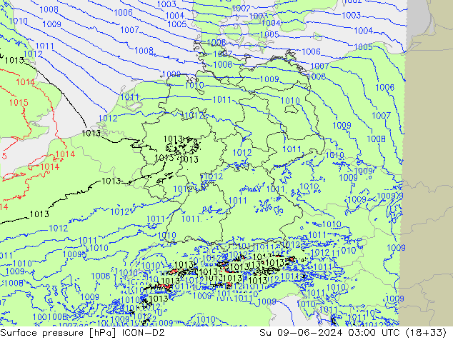 Presión superficial ICON-D2 dom 09.06.2024 03 UTC