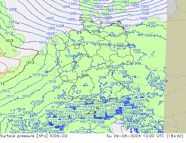 Surface pressure ICON-D2 Su 09.06.2024 12 UTC