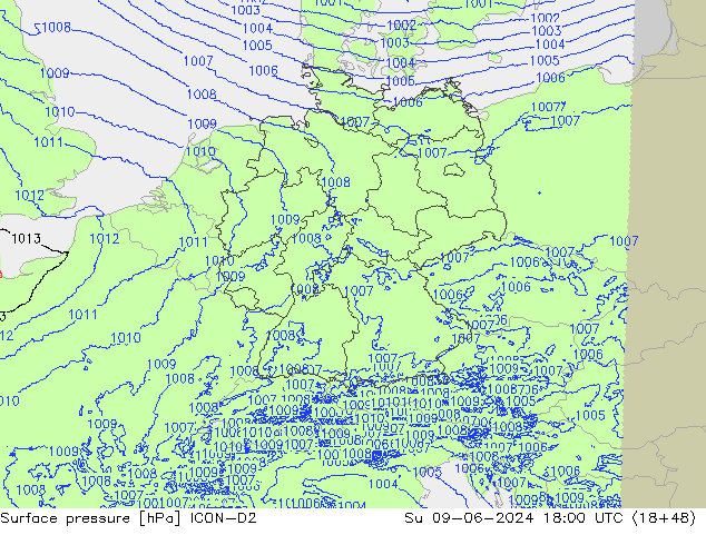 Luchtdruk (Grond) ICON-D2 zo 09.06.2024 18 UTC