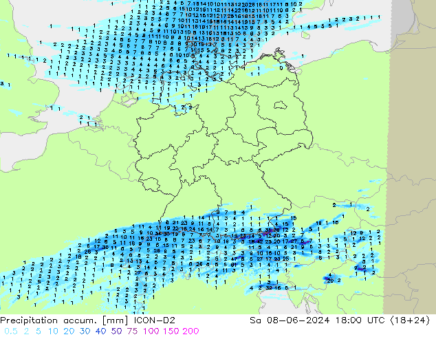 Precipitation accum. ICON-D2 so. 08.06.2024 18 UTC