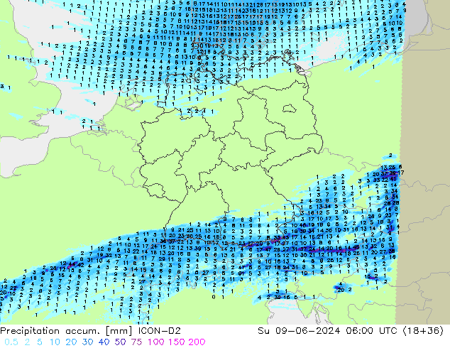 Precipitation accum. ICON-D2 Ne 09.06.2024 06 UTC