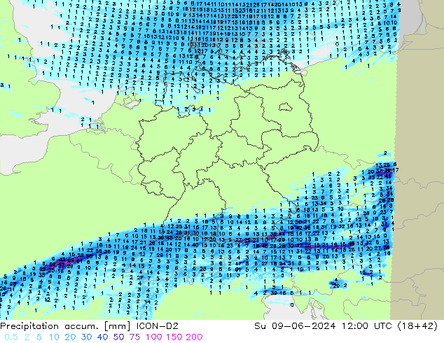 Precipitación acum. ICON-D2 dom 09.06.2024 12 UTC