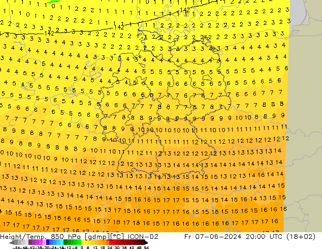 Height/Temp. 850 hPa ICON-D2 Fr 07.06.2024 20 UTC