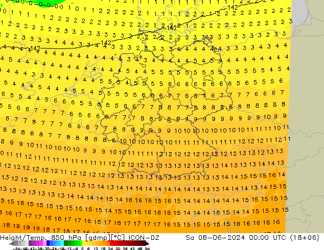 Height/Temp. 850 hPa ICON-D2 So 08.06.2024 00 UTC