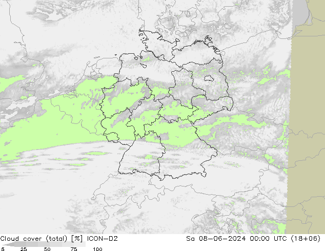 Cloud cover (total) ICON-D2 Sa 08.06.2024 00 UTC