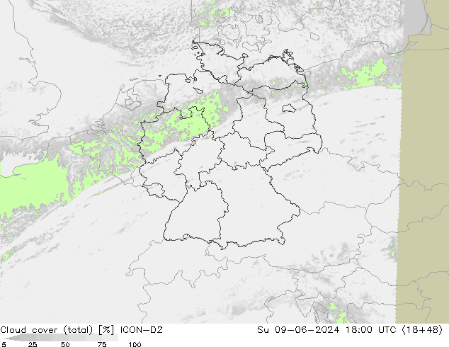 Nuages (total) ICON-D2 dim 09.06.2024 18 UTC