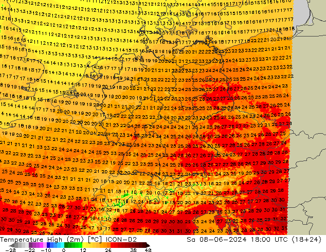 Temperature High (2m) ICON-D2 Sa 08.06.2024 18 UTC