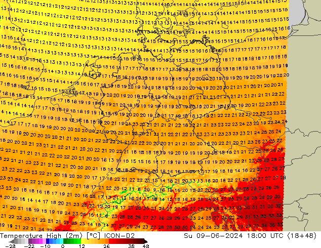 Temperature High (2m) ICON-D2 Su 09.06.2024 18 UTC