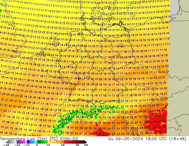 Minumum Değer (2m) ICON-D2 Paz 09.06.2024 18 UTC