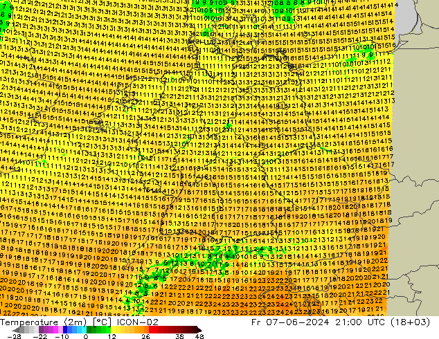 Temperatura (2m) ICON-D2 Sex 07.06.2024 21 UTC