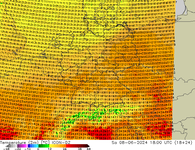 Temperaturkarte (2m) ICON-D2 Sa 08.06.2024 18 UTC