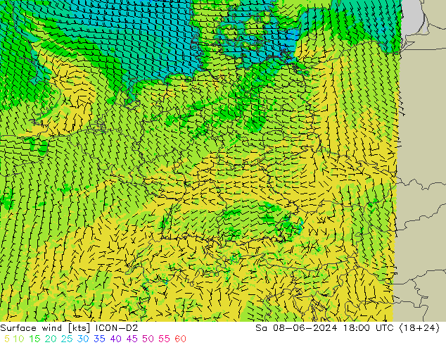 Rüzgar 10 m ICON-D2 Cts 08.06.2024 18 UTC