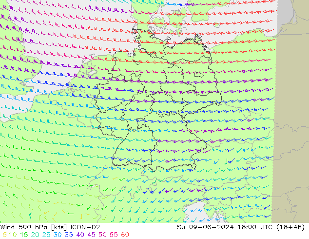 Wind 500 hPa ICON-D2 zo 09.06.2024 18 UTC