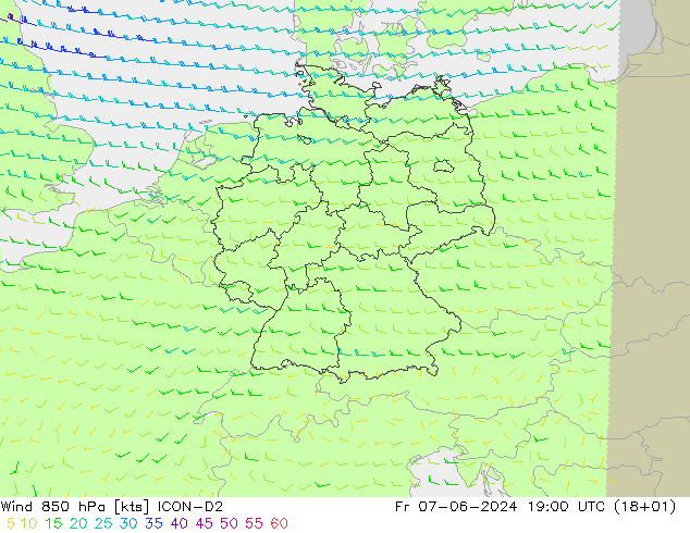 wiatr 850 hPa ICON-D2 pt. 07.06.2024 19 UTC