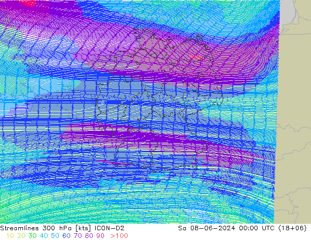 Linea di flusso 300 hPa ICON-D2 sab 08.06.2024 00 UTC