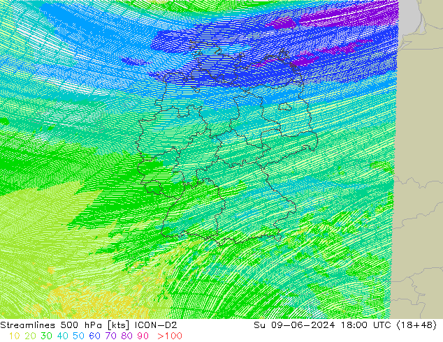 Rüzgar 500 hPa ICON-D2 Paz 09.06.2024 18 UTC