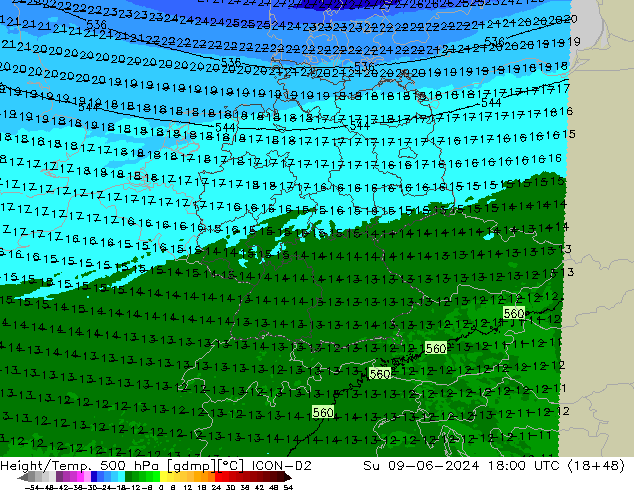 Geop./Temp. 500 hPa ICON-D2 dom 09.06.2024 18 UTC